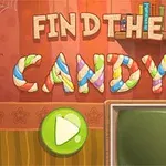 Nápis Find the Candy z barevných písmen na červeném pozadí s pavoučími sítěmi, knihami a zeleným tlačítkem pro spuštění