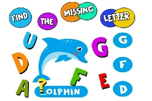 Barevný obrázek s delfínem a písmeny, z nichž jedno chybí ve slově DOLPHIN