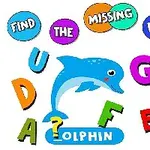 Barevný obrázek s delfínem a písmeny, z nichž jedno chybí ve slově DOLPHIN