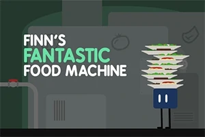 Postava s modrým tělem drží několik talířů s jídlem vedle textu Finns Fantastic Food Machine na tmavém pozadí