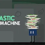 Postava s modrým tělem drží několik talířů s jídlem vedle textu Finns Fantastic Food Machine na tmavém pozadí
