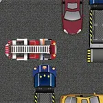 Hasičské auto obklopené zaparkovanými auty a nákladními vozy na asfaltové ploše