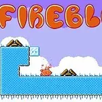 Barevný pixelový obrázek s nápisem Fireblob nahoře, ukazuje plošinkovou scénu s ohnivou postavičkou a ledovými bloky