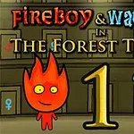 Ohnivý chlapec a vodní dívka stojící vedle sebe s nápisem The Forest Temple a číslem jedna uprostřed