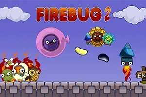 Barevní kreslení tvorové se nacházejí na cihlové plošině s nadpisem FIREBUG 2 na modré obloze