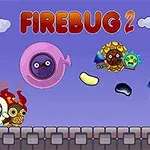 Barevní kreslení tvorové se nacházejí na cihlové plošině s nadpisem FIREBUG 2 na modré obloze