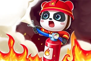 Roztomilý panda v hasičské helmě drží hasicí přístroj a bojuje s ohněm