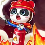 Roztomilý panda v hasičské helmě drží hasicí přístroj a bojuje s ohněm