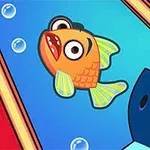 Kreslená oranžová rybka s vystrašeným výrazem plave mezi bublinami, vedle výrazného zlatého kruhu