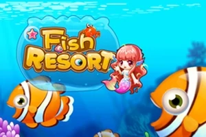 Podvodní scéna s oranžovými rybami, postavičkou mořské panny a názvem Fish Resort