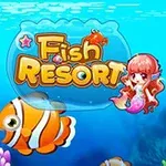 Podvodní scéna s oranžovými rybami, postavičkou mořské panny a názvem Fish Resort