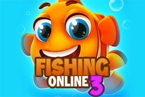 Veselá oranžová kreslená rybka s velkýma očima na modrém pozadí s bublinami a textem „Fishing Online 3“