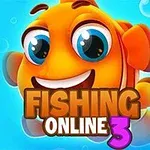 Veselá oranžová kreslená rybka s velkýma očima na modrém pozadí s bublinami a textem „Fishing Online 3“