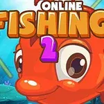 Velká oranžová kreslená ryba s výraznýma očima na podmořském pozadí s textem ONLINE FISHING 2