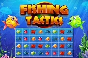 Barevné kreslené ryby kolem herní mřížky s nápisem Fishing Tactics na modrém podkladu oceánu