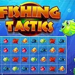 Barevné kreslené ryby kolem herní mřížky s nápisem Fishing Tactics na modrém podkladu oceánu