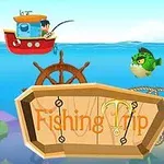 Červená loď s rybářem na modrém oceánu vedle zelené ryby s nápisem „Fishing Trip“ na dřevěném ceduli
