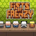 Pixel art postavy vyrovnané na dřevěné podlaze před zelenou vzorovanou zdí s nápisem Fists of Frenzy