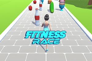 Postava běží po chodníku se zdravými a nezdravými potravinami, na obrázku je nápis Fitness Race