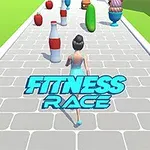 Postava běží po chodníku se zdravými a nezdravými potravinami, na obrázku je nápis Fitness Race