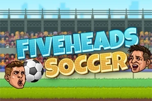 Ilustrované postavy s fotbalovým míčem a textem „FIVEHEADS SOCCER“ na fotbalovém hřišti s tribunou plnou diváků v pozadí