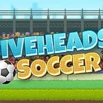Ilustrované postavy s fotbalovým míčem a textem „FIVEHEADS SOCCER“ na fotbalovém hřišti s tribunou plnou diváků v pozadí