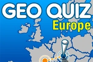 Nápis GEO QUIZ Europe na mapě Evropy s vyznačeným místem