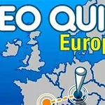 Nápis GEO QUIZ Europe na mapě Evropy s vyznačeným místem