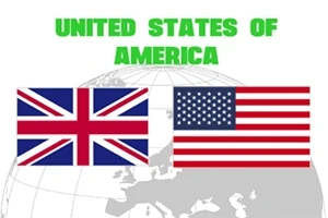 Text United States of America nad vlajkami Velké Británie a USA na pozadí světové mapy