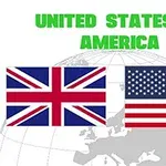 Text United States of America nad vlajkami Velké Británie a USA na pozadí světové mapy