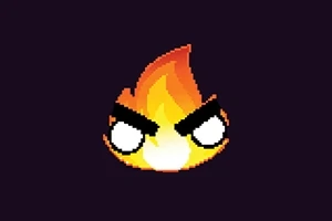 Roztomilý pixelová ohnivá postava s výrazným výrazem a tmavým pozadím