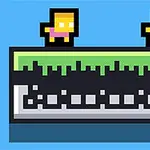 Dva pixelované postavy na zelené platformě s modrým pozadím