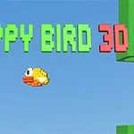 Barevný pixelovaný pták letí modrou oblohou vedle zelené trubky s textem FLAPPY BIRD 3D nahoře