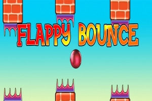 Červený míč uprostřed mezi překážkami s cihlovým vzorem a fialovými hroty, s nápisem FLAPPY BOUNCE na modrozeleném pozadí