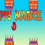 Červený míč uprostřed mezi překážkami s cihlovým vzorem a fialovými hroty, s nápisem FLAPPY BOUNCE na modrozeleném pozadí
