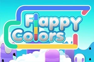 Barevný nápis Flappy Colors na světlém nebi s mraky a fialovými sloupy na pozadí