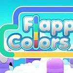 Barevný nápis Flappy Colors na světlém nebi s mraky a fialovými sloupy na pozadí