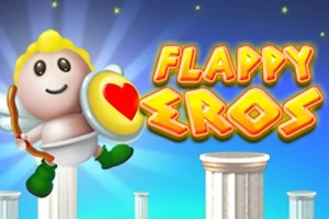 Postavička andílka s křídly a lukem letící mezi sloupy na modrém pozadí s nápisem „FLAPPY EROS“
