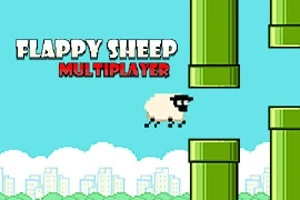 Ovečka letí mezi zelenými trubkami na modré obloze s textem „Flappy Sheep Multiplayer“ nahoře