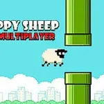 Ovečka letí mezi zelenými trubkami na modré obloze s textem „Flappy Sheep Multiplayer“ nahoře