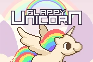 Jednorožec s duhovou hřívou a křídly na pastelově fialovém pozadí s duhou a nápisem Flappy Unicorn
