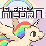 Jednorožec s duhovou hřívou a křídly na pastelově fialovém pozadí s duhou a nápisem Flappy Unicorn