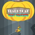 Žlutá dýně s nápisem Happy Cat Crazy Halloween a kreslená kočka v klobouku visící na provazu
