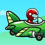 Ilustrace kresleného letadla s pilotem v červené helmě na modrém pozadí