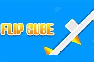 Modrý pozadí s oranžovým textem FLIP CUBE a bílou cestou s oranžovými špičkami, po které se pohybuje šedá kostka