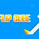 Modrý pozadí s oranžovým textem FLIP CUBE a bílou cestou s oranžovými špičkami, po které se pohybuje šedá kostka