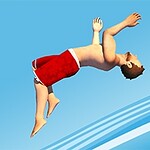 Muž v červených šortkách provádí salto vzad na modrém pozadí s křivkami