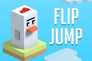 Kostkovaná postavička slepice stojící na plovoucí platformě s nápisem FLIP JUMP na modrém pozadí