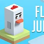 Kostkovaná postavička slepice stojící na plovoucí platformě s nápisem FLIP JUMP na modrém pozadí