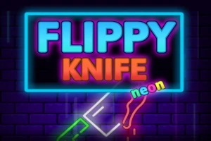 Barevný neonový nápis s textem FLIPPY KNIFE neon na tmavém cihlovém pozadí